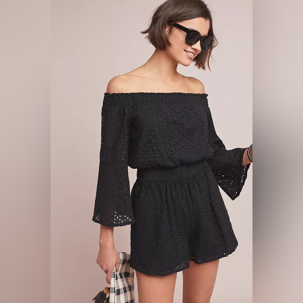 Anthropologie Chloe Oliver Black Lace Long Sleeve Off The Shoulder Romper Large